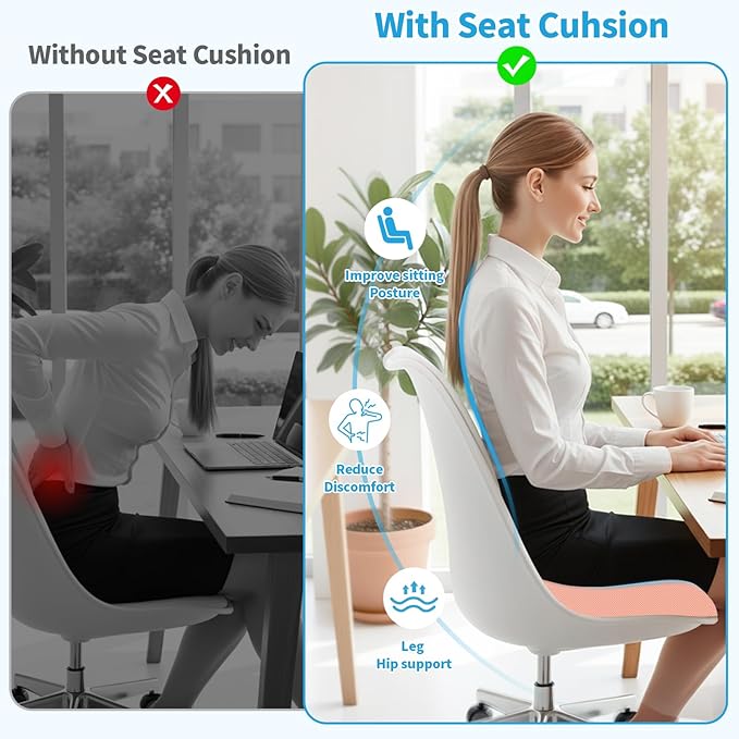 Large Seat Cushion, Memory Foam Cushion for Long Sitting Hours on Office Chair, Home & Car, Non-Slip Chair Pad for Relieving Back & Sciatica & Hip & Coccyx Pain (Pink)