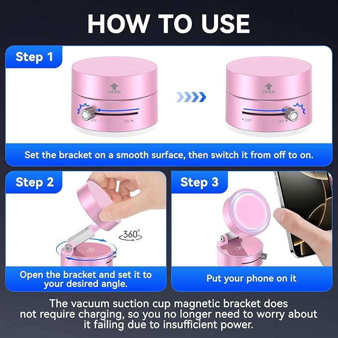 Vacuum Magnetic Suction Phone Holder,Upgraded 360° Adjustable Suction Cup Car Phone Mount,Hands-Free Cell Phone Holder for Car/Gym/Mirror/Smooth Surface,Compatible with iPhone 16/15/14/13/12 （Pink)