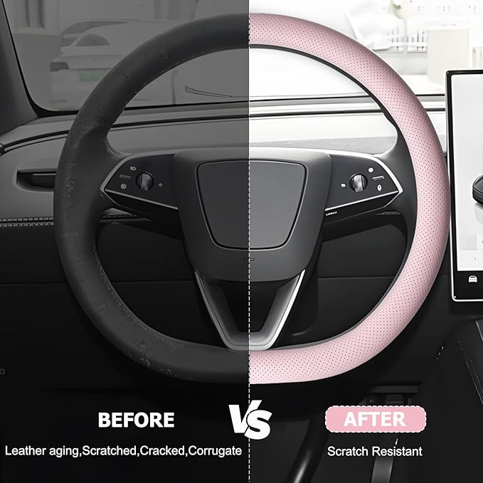 Microfiber Leather Universal 14.5-15 inch Steering Wheel Cover,Easy to Install Non-Slip Breathable Steering Wheel Protector Light Pink
