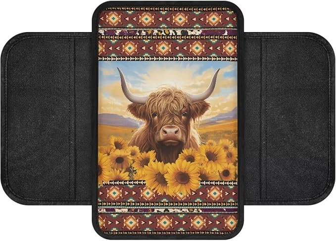 Aztec American Tribal Print Car Armrest Cover Cattle Sunflower Design Middle Console Cover Breathable Vehicle Armrest Cover Pad Armrest Seat Box Cover Protector
