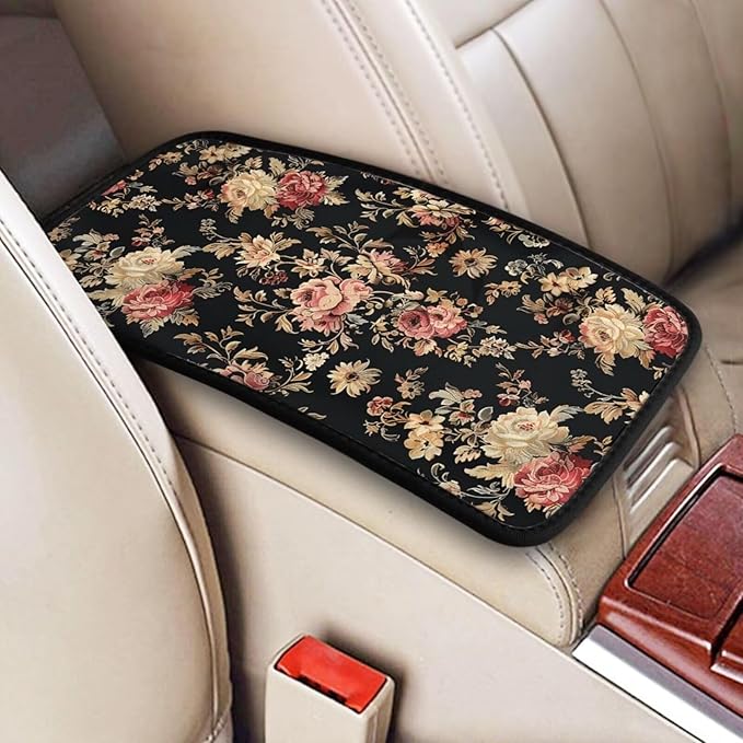 Vintage Flower Car Center Console Cover Rose Floral Girly Car Armrest Cover Universal Car Arm Rest Cover Car Interior Accessories Protector for Vehicle SUV Truck Sedans