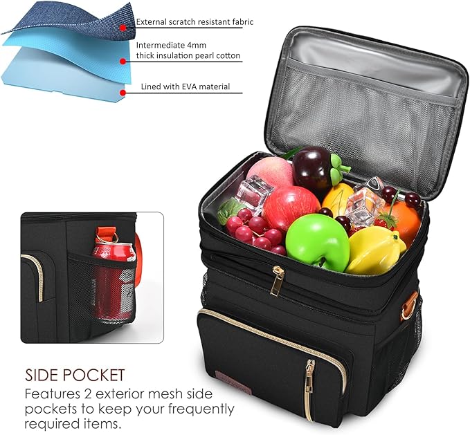 MIYCOO Lunch Bag & Lunch Box for Women Men, Double Deck Leakproof Insulated Soft Large Adult Camping Cooler bag for Work, Beach, Picnic, Travel (Black Orange, 15L)