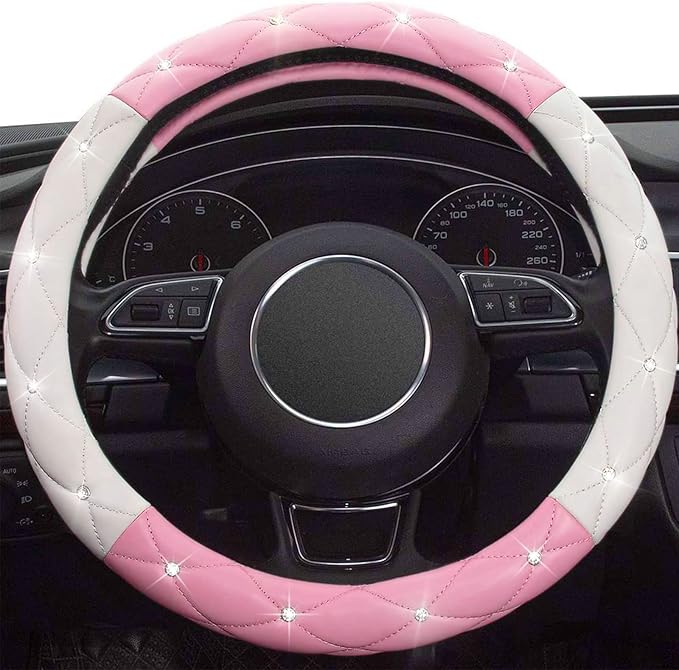 Xizopucy White Pink Steering Wheel Cover, Anti-Slip Steering Wheel Protector with Crystal Rhinestones Microfiber Leather, Steering Wheel Cover for Women and Girl Fit 14.5-15 inch
