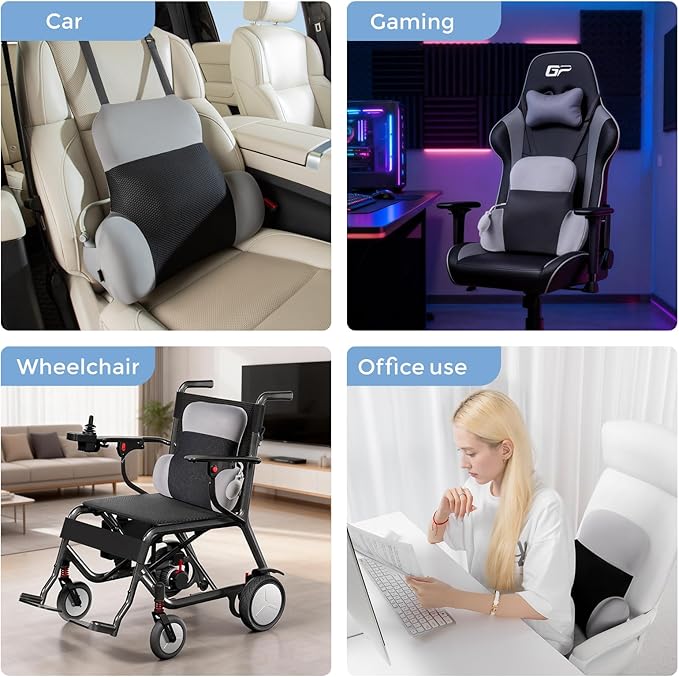 BEBAS Adjustable Air Lumbar Support Pillow for Office Chair, Car & Gaming Chair Memory Foam Back Support for Pain Relief & Posture Correction with Washable Cover, Grey
