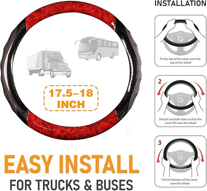 Heavy Duty Truck Steering Wheel Cover 17.5-18 Inch, Carbon Fiber with Anti-Slip Grip, X-Large Wheel Protector for Commercial Semi-Trucks, Buses and RVs (Red/Black)