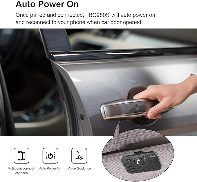 Handsfree Bluetooth Car Kit for Cell Phone, Wireless Bluetooth Speaker for Car, AUTO Power ON Support Siri Google Voice Assistant Hands Free Phone Speakerphone with Visor Clip-BC980SA