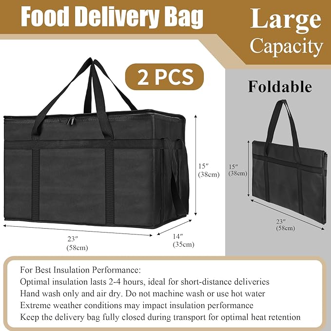 PEASUG 2PCS Insulated Bags for Food Delivery, XXXL Pizza Delivery Bags, Large Capacity Cooler Bag Keep Food Warm for Grocery Shopping and Catering, Foldable, Heavy-Duty (Black)