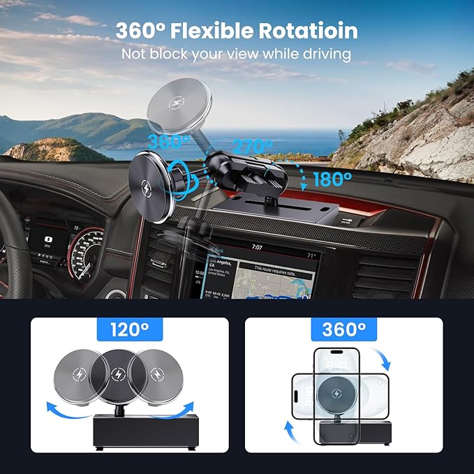 Upgraded Wireless Charger with Phone Mount for 2019+ Ram Truck, Dash Magnetic Mount Cell Phone Holder Compatible with 2019+ Dodge RAM 1500/2500/3500 & TRX, 360° Rotation Stand Fit for All Phones