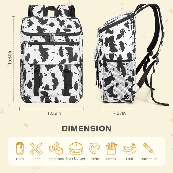 Cooler Backpack Soft Insulated Leak Proof 30 Cans Insulated Backpack Cooler Portable Picnic Camping Beach Hiking BBQ Lunch Backpack for Men and Women -Cow Color