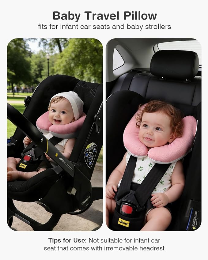 Baby Neck Pillow for Car Seat and Stroller, Adjustable Baby Head Support Pillow for Travel, Soft and Cushiony Torticollis Pillows for Infant and Newborn (Pink)