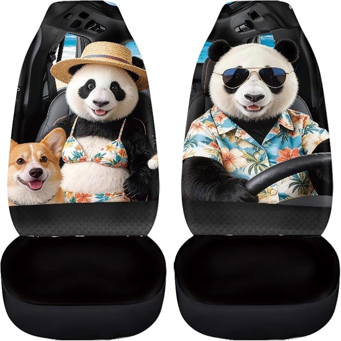Panda Front Car Seat Cover Nonslip Auto Interior Accessories 2 Pcs Set Stretch Polyester Fabric Cover All-Season Protection Universal Fit for Most Cars SUV and Sedan