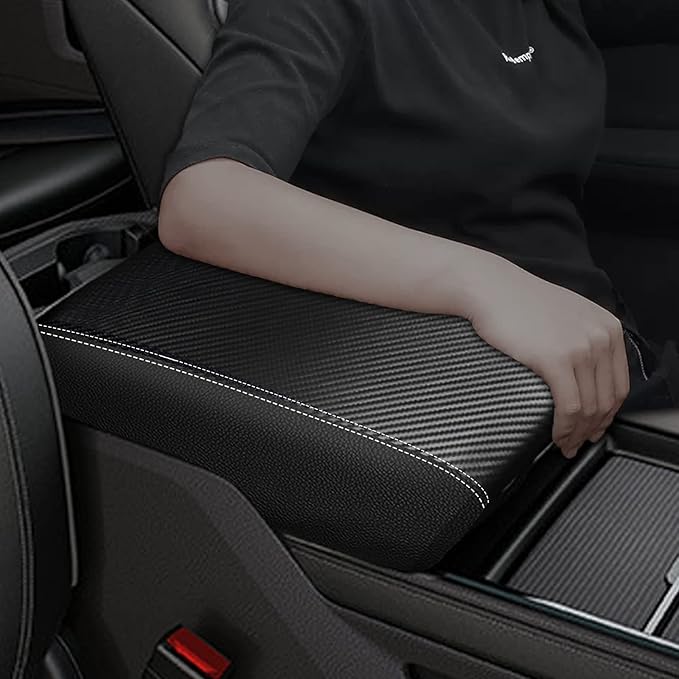 Center Console Cover Anti-Scratch Waterproof Leather Armrest Pad Protector Cushion for Dodge RAM 1500 2500 3500 2019 2020 2021 2022 2023 Interior Accessories(Carbon Fiber with Black)