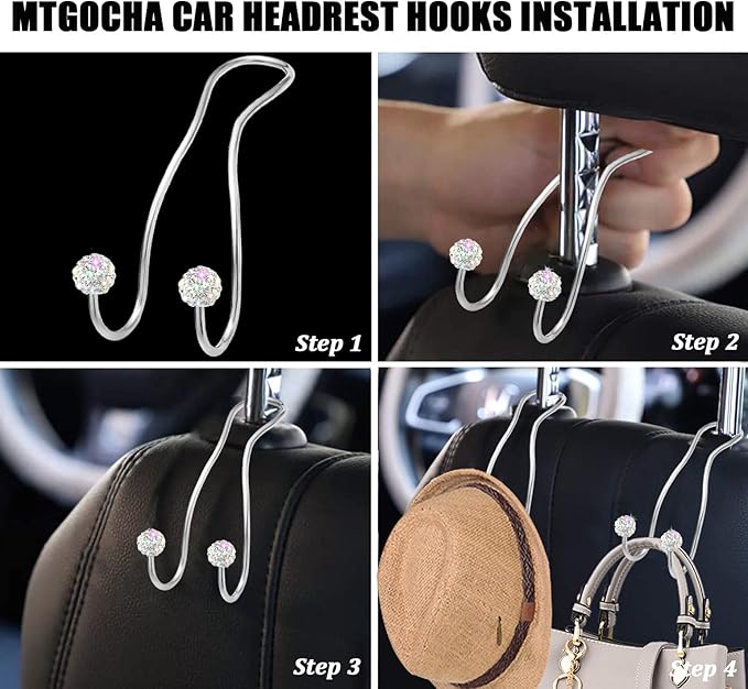 MTGOCHA Bling Purse Hook for Car Headrest, Upgraded Cute Car Seat Hooks for Bag Handbag, Durable Stainless Auto Purse Hanger Holder 2 Pack, White