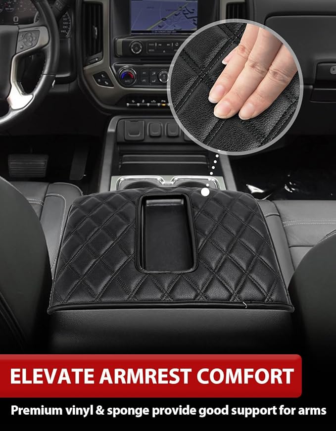 KBH Center Console Armrest Cover for Chevy Silverado & GMC Sierra 1500 2500 3500 2014-2018, Tahoe Suburban Yukon 2015-2020, Bucket Seat Console, Vinyl Leather, Black-Double Stitch