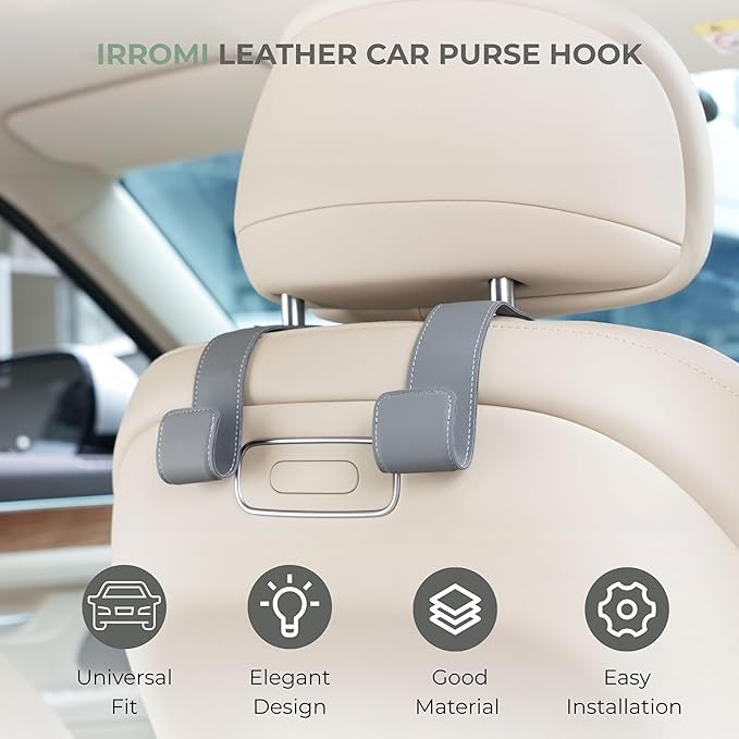 Purse Holder for Car, 2 Pack Upgraded Car Seat Hooks for Hanging Purse and Bag, Leather Headrest Hooks for Car Back Seat, Car Organization Accessories (Brown)