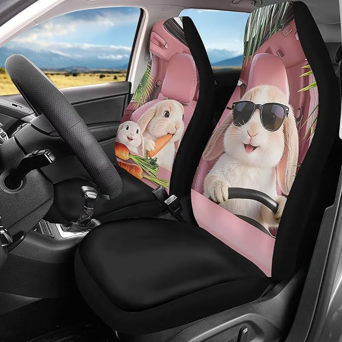 Cute Car Seat Covers Breathable Car Seat Covers for Front Seats Rabbit Removable Automotive Accessories Anti-Slip Back Fabric Compatible with Most Cars,SUV,Sedan