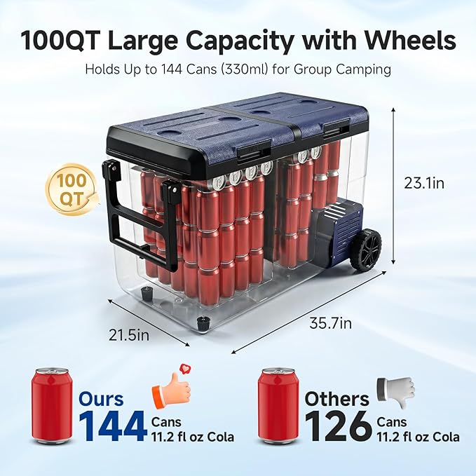 BODEGACOOLER 100QT Portable Car Refrigerator Freezer with Wheels, 12V Fridge Freezer, Electric Cooler for Car, -20℃ Car Freezer, 12 Volt Refrigerator Portable for Camping, RV, Travel, IPX4, Quiet