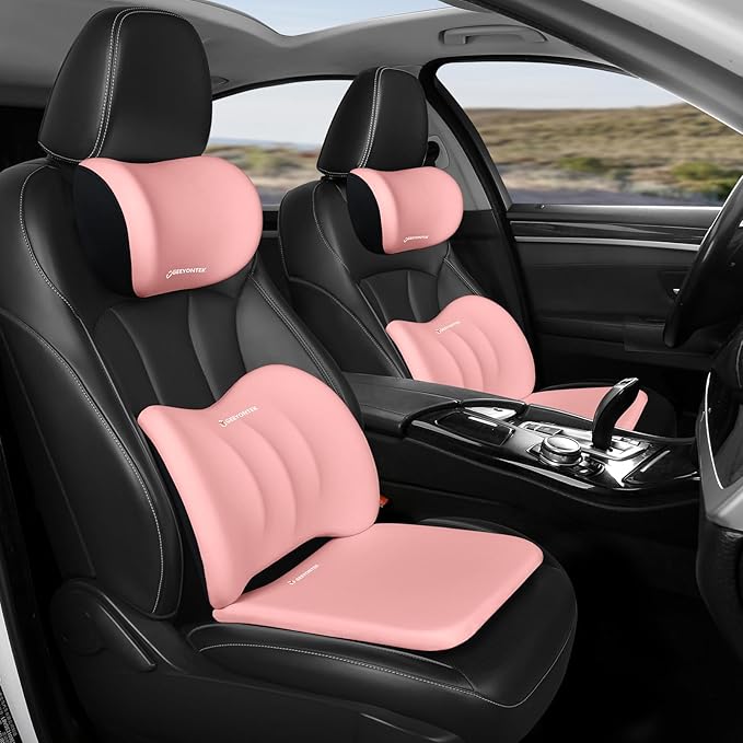 Car Seat Cushion with Neck Pillow & Lumbar Support Back Sciatica Tailbone Pain Relief Car Pillows Ergonomic Memory Foam Back Support for Driving Seat Office Chair Wheelchair 3 Pcs Pink