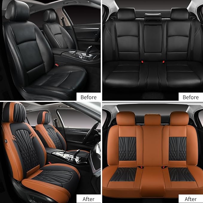Leather Car Seat Covers,Car Seat Protector Waterproof,Seat Covers Full Set, Car Seat Protectors 5 Seats,Automotive Seat Covers Fit Most Cars Black&Brown