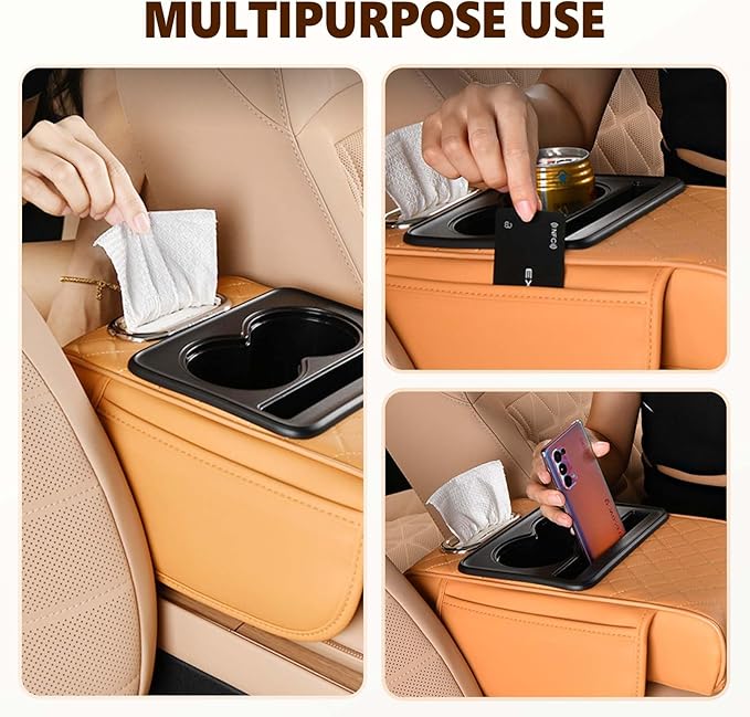 Multifunctional Car Armrest Cushion with Integrated Booster, 2026 Upgraded Universal Style Memory Cotton Car Armrest Box Pad, Car Center Console Armrest Pillow, with 2 Cup Holder (Orange)