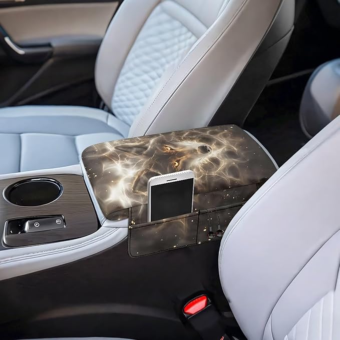 Car Center Console Cover Non-Slip Armrest Protector with 4 Storage Bags Wolf Print Car Armrest Seat Box Pad Car Interior Accessories for Most Vehicle