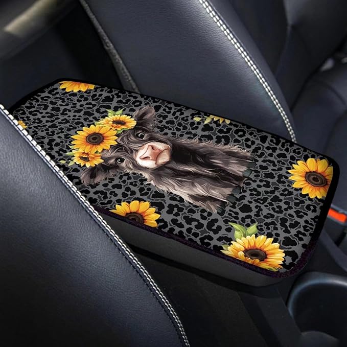 Dreaweet Black Leopard Print Center Console Cover Cute Sunflower Highland Cow Car Accessories for Women Arm Rest Cover for Truck Car SUV,Car Console Covers Soft Comfy Armrest Cover Cushion Pad