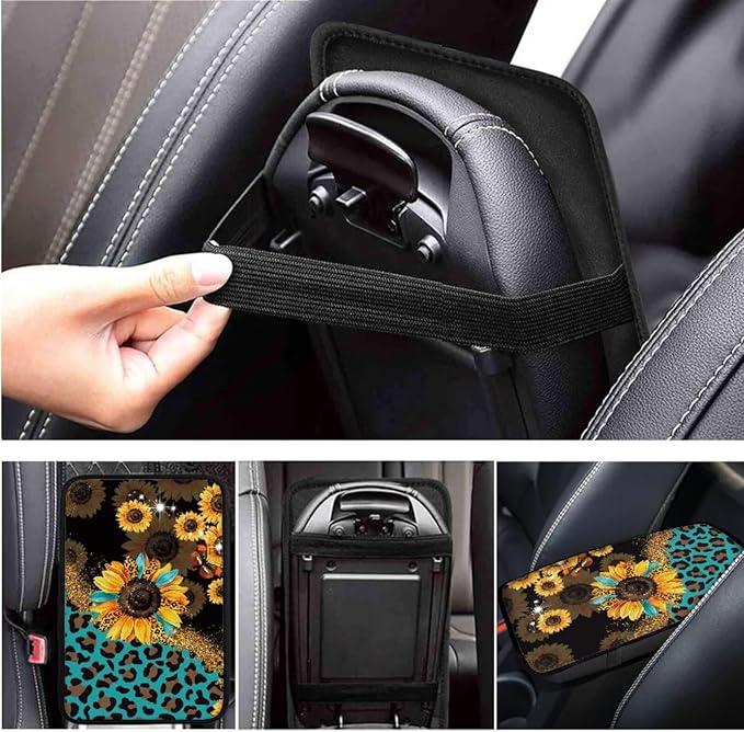 Sunflower Print Car Steering Wheel Cover Set for Men Women Leopard Print Auto Accessories 6 Pcs Sets Car Armrest Cover Handbrake Cover Suit for Most Cars Truck Vans SUV