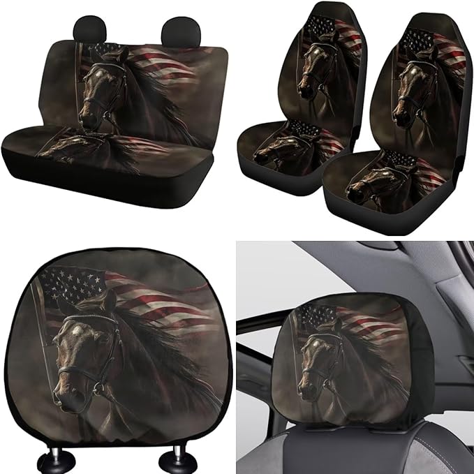 FKELYI Horse Auto Anti-Slip Steering Wheel Protector and Front and Back Seat Covers, Soft Polyester Headrest Cover, American Gear Shifter Knob and Handbrake Cover, Cup Coasters