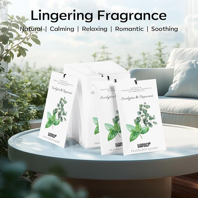 MYARO 12 Packs Eucalyptus Mint Scented Sachets for Drawer and Closet, Long-Lasting Closet Sachet Bags Drawer Deodorizers Fresh Scents, Home Fragrance Air Freshener
