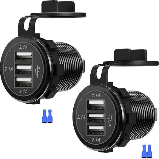 12V USB Outlet, 3 Port Charger Socket 12V/24V Car USB Charger Socket for Car Boat Marine Bus Truck Golf RV Motorcycle and More 2-Pack