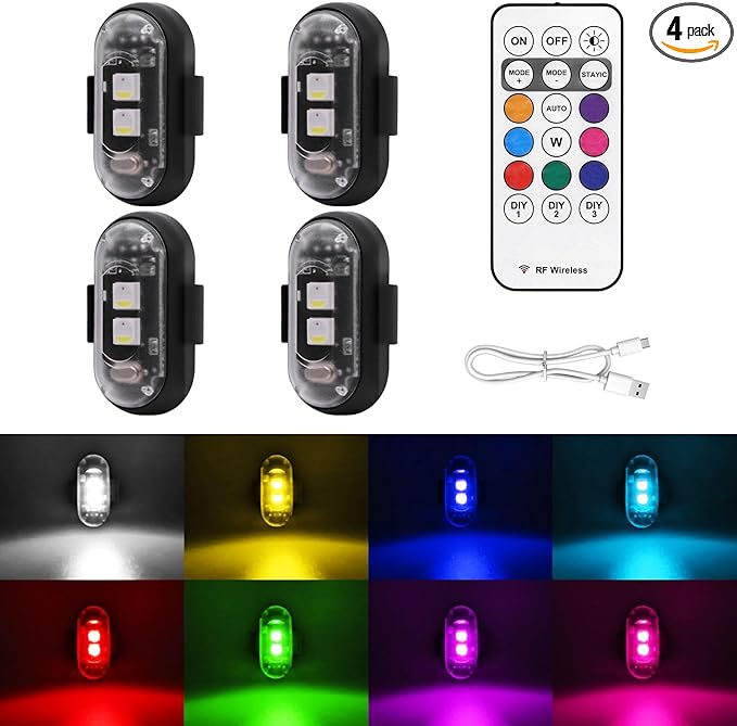 4PCS Wireless LED Strobe Lights with Remote Control, 8 Colors USB Charing Waterproof Anti-Collision Led Emergency Warning Lights for Car Motorcycle Drone Aircraft Bike