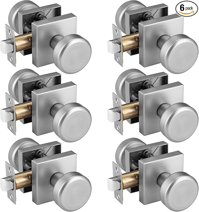 6 Pack Brushed Nickel Door Knobs Interior, Pismo Doorknob with Square Rosette for Hall