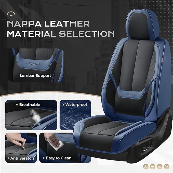 Coverado Seat Covers, Car Seat Covers Front Seats, Leather Seat Covers for Cars, Car Seat Protector Waterproof, Black Car Seat Cushion, Front Carseat Cover Universal Fit for Most Cars Blue