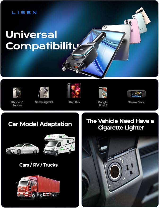 LISEN 96W for iPhone 17 Pro Max Retractable Car Charger [USB C & L Cable], 4 in 1 Fast Charging Retractable Car Charger Cigarette Adapter for iPhone 16 15 14 13 12,Samsung Galaxy S25 S24, Android