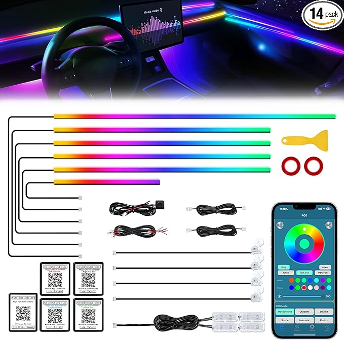 Dreamcolor Acrylic Interior Car LED Strip Light with Wireless APP, RGB 14 in 1 with 175 inches 612 LEDs Fiber Optic Strip Lights for Car, Dual Zone Symphony Neon Car Ambient Lighting
