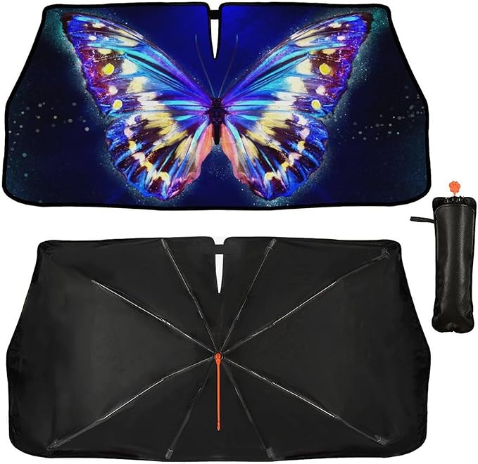 Socira Blue Butterfly Car Windshield Sun Shade Umbrella Foldable Sunshade for Front Window Auto Windshield Sunshade Covers Butterfly Car Accessories Prevent Sun Rays Heat 57'' X 30''