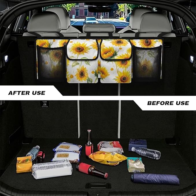 Sunflower Hanging Trunk Organizer for SUV Back Seat Organizer with Elastic Net Collapsible Cargo Storage Bag Car Interior Accessories