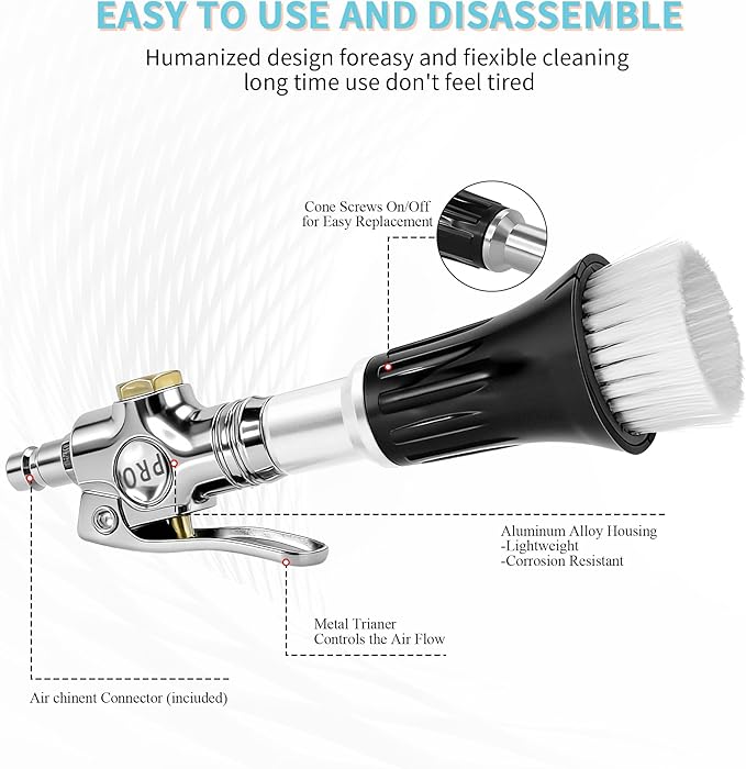 GOCCIDA Mini Tornado Air Gun with Detachable Brush,Vortex Cleaning Gun Trumpet Head High Pressure Dryer Blow Gun,Car Cleaning Air Gun Kit for Quickly Blasts Dirt