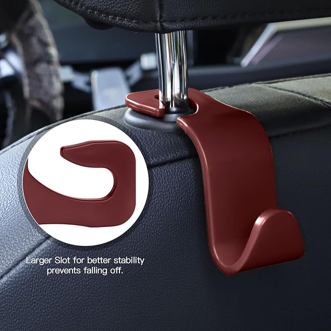 Soleebee 4 Pack Car Headrest Hooks - Universal Auto Hooks, Back Seat Hangers, Storage Organizer (Brown)