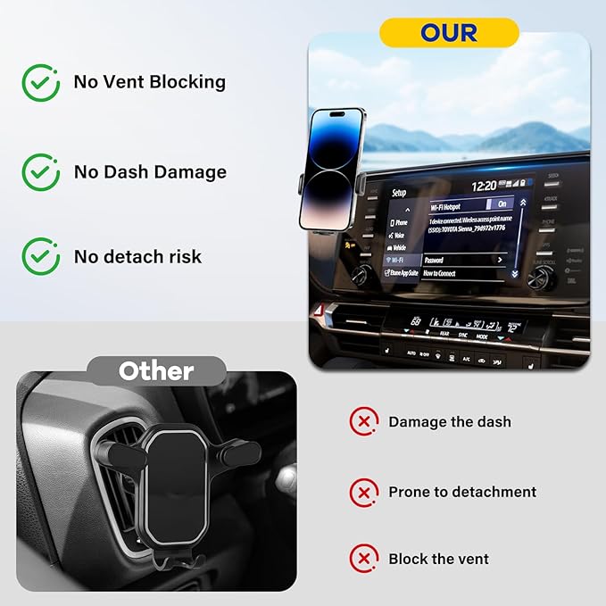 Car Phone Holder Fit for Toyota Sienna 2021 2022 2023 2024 w/DashTray Storge Box Organizer-Cell Phone Mount for Sienna Accessories 9 inch Touch Screen 360 Degree Rotation (Not fit Sienna 2025)