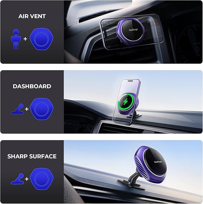 JOYMASS for MagSafe Car Mount Charger, 15W Fast Charging Magnetic Wireless Car Charger Phone Holder Mount Fits iPhone 15 Pro Max Plus 14 13 12 Mini MagSafe Case - Purple