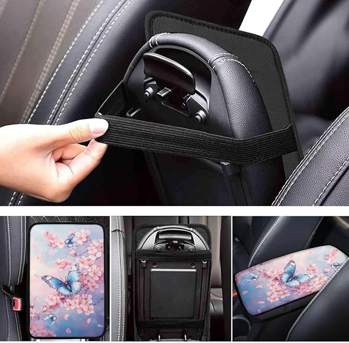 UNICEU Pink Flower Butterfly Car Center Console Armrest Cover for Women Cherry Blossom Auto Interior Decor Neoprene Armrest Box Protector Cover Pad, Scratch Proof Non Slip Automotive Armrest Pads