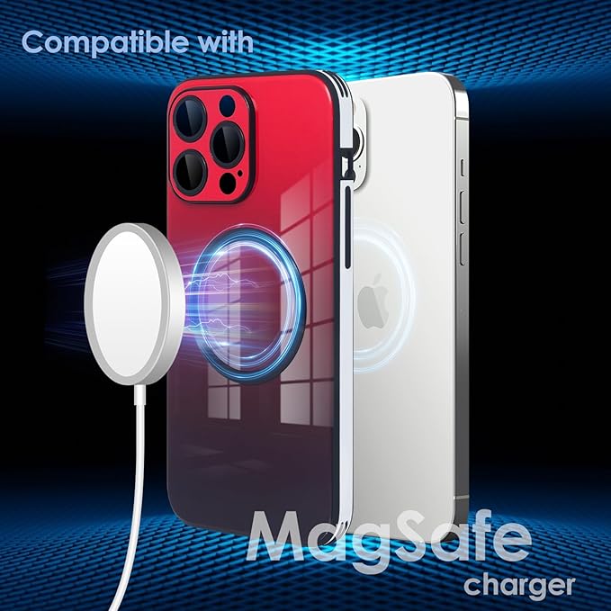 Guppy Compatible with iPhone 14 Pro with MagSafe Case, Magnetic Gradient Case with MagSafe Charging, Gradient Glass Back Cover with Lens Film-Red