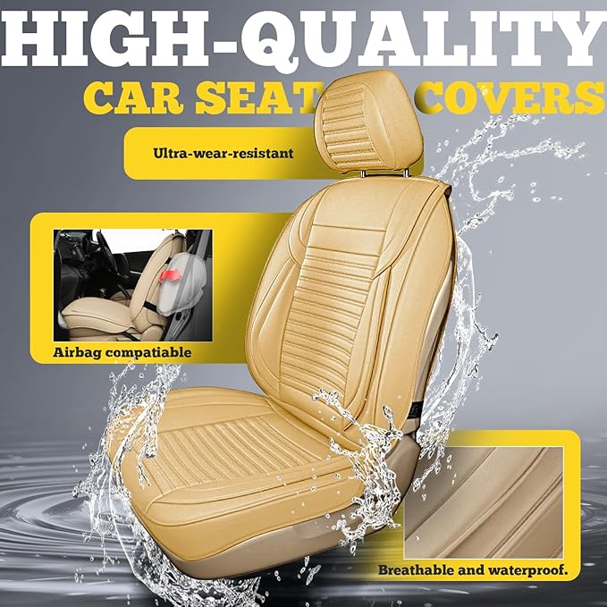 LINGVIDO Full Set Car Seat Covers, Faux Nappa Leather, Airbag Compatible and Waterproof Protectors for Sedans SUVs, Breathable Interior for Active Families, Pets, and Commuters (5 Seats, Beige)