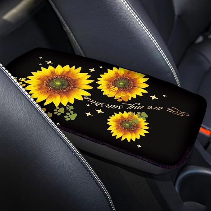 UNICEU Yellow Sunflower Dog Paw Car Armrest Pads Interior Accessories Sunflower Car Accessory Universal Fit Automotive Center Console Armrest Cushion Seat Storage Box Pads for Most Vehicle