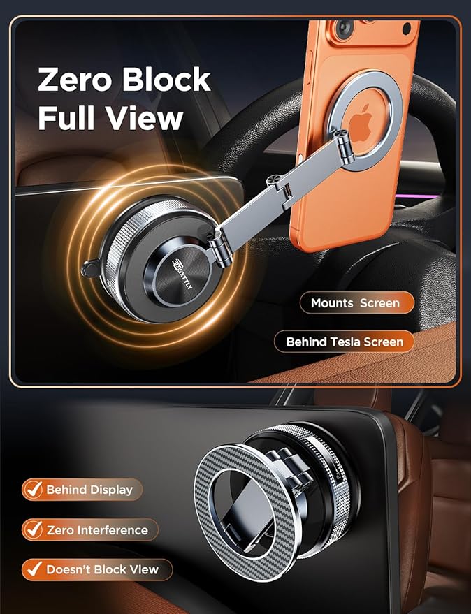 MSXTTLY Magnetic Car Phone Holder 360° Adjustable Tesla Phone Mount Foldable Car Mount 2026 Zinc-Alloy Magsafe Phone Holders for Your Car for iPhone 17 Pro Max 16 15 14 13 12 Plus, Carbon Fiber