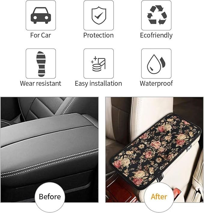 Vintage Flower Car Center Console Cover Rose Floral Girly Car Armrest Cover Universal Car Arm Rest Cover Car Interior Accessories Protector for Vehicle SUV Truck Sedans