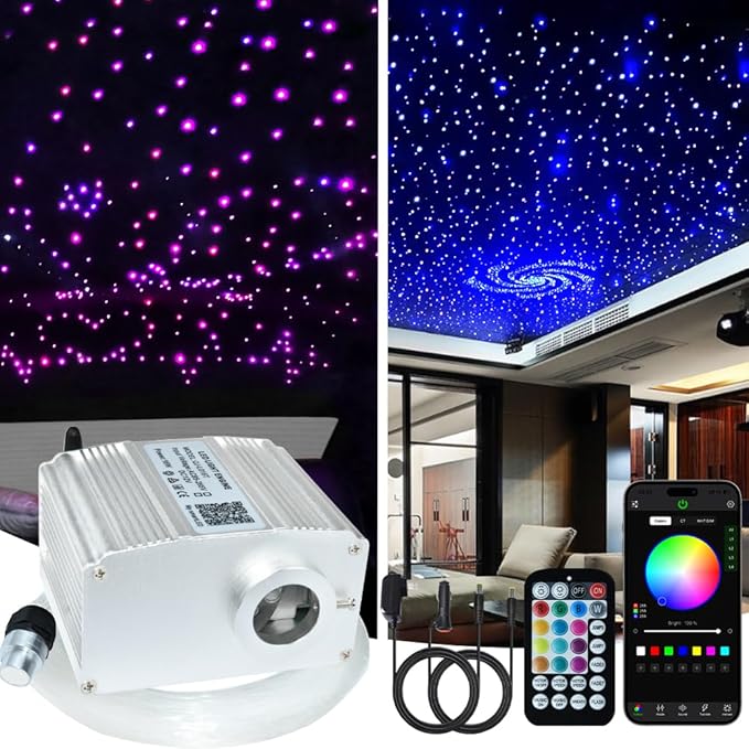 FIREWORK Starlight Headliner Kit, Fiber Optic Lights 10W RGBW Twinkle+Music Sync Effect+APP+Remote, 460pcs 9.8ft/3m 0.03in/0.75mm Fiber Cable for Star Lights for Car/EV & Home Theater Ceiling