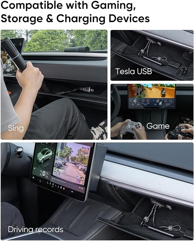 TEMAI Glovebox USB Hub for Tesla Model Y (2021-2024) & Model 3 (2021-2023) - 4-in-1 Docking Station Adapter for Sentry Mode Dashcam SSD Data & Game Controller - Cybertruck Style Spiliter