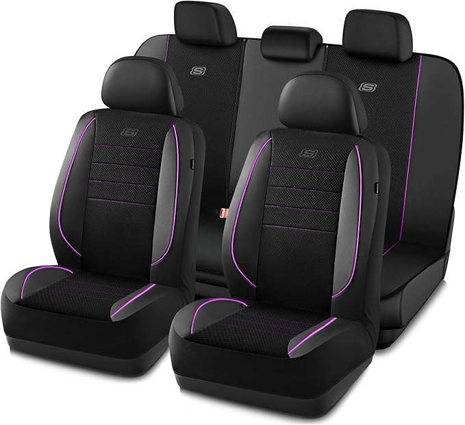 Skechers Air-Cooled Memory Foam Seat Covers,Mesh Thick Car Seat Covers,Piping Leather Car Seat Cover,Airbag Compatible,Automotive Comfort for Most Cars, Vans, Trucks, SUV(Purple, Full Set)
